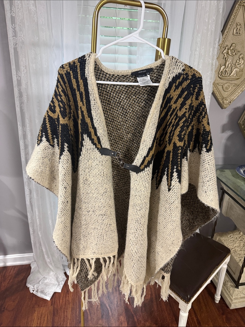 Vertigo Paris Cream, Black & Brown Fringe Knit Poncho with Clasp